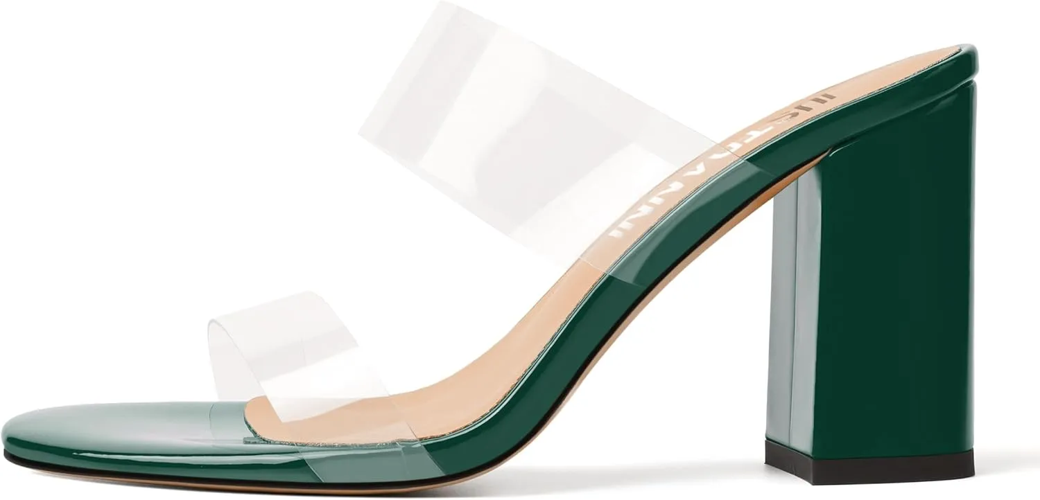 JUSTDANNI Womens Dress Clear Slip On Round Toe Stylish Evening Patent Block High Heel Heeled Sandals 3.3 Inch