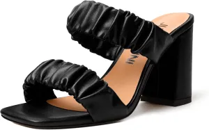 JUSTDANNI Womens Party Stylish Slip On Matte Fashion Square Toe Block High Heel Heeled Sandals 3.3 Inch