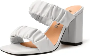 JUSTDANNI Womens Party Stylish Slip On Matte Fashion Square Toe Block High Heel Heeled Sandals 3.3 Inch