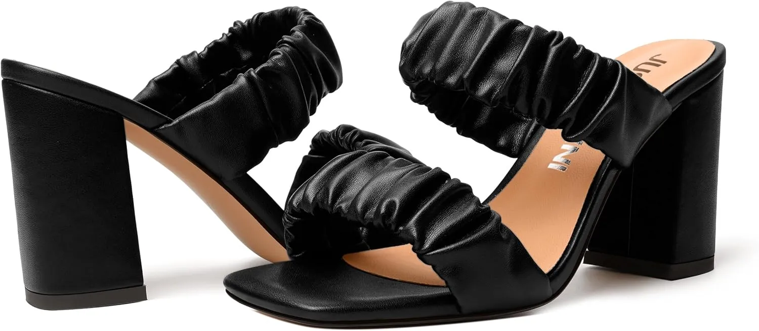 JUSTDANNI Womens Party Stylish Slip On Matte Fashion Square Toe Block High Heel Heeled Sandals 3.3 Inch