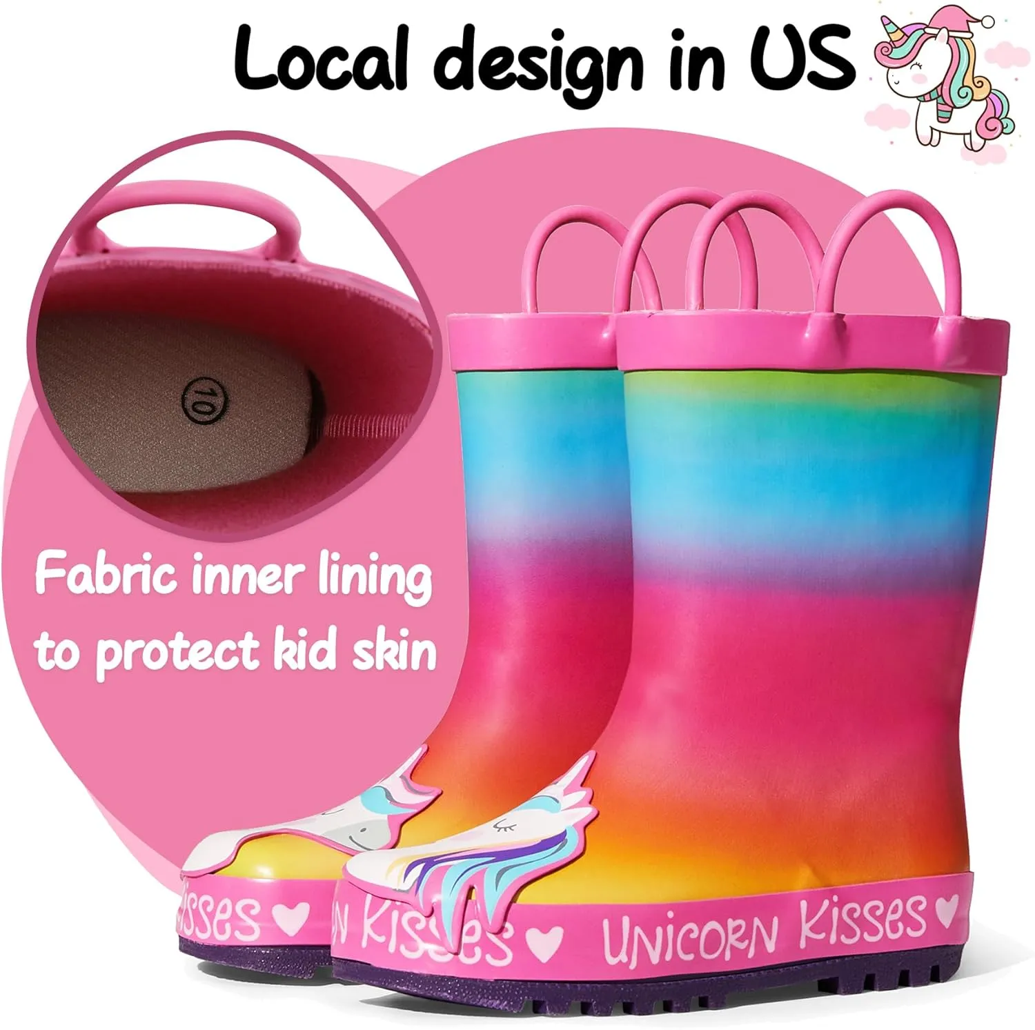 K KomForme Kids Rain Boots Waterproof Printed Rubber boots with Handles