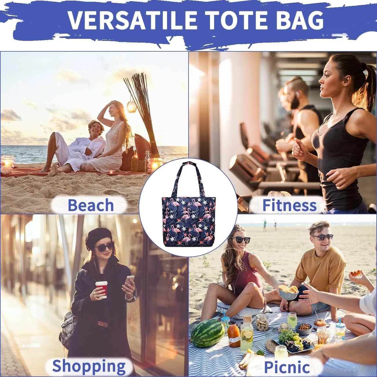 Kasqo Beach Tote Bags for Women, Waterproof Sandproof Large Pool Bag Stylish Zipper Beach Tote for Gym Travel Shopping School