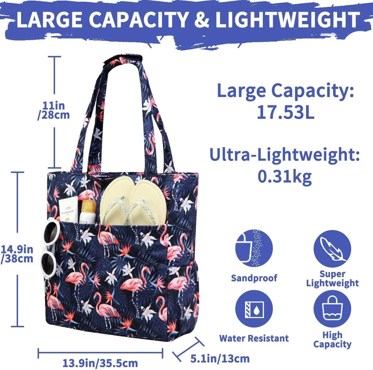 Kasqo Beach Tote Bags for Women, Waterproof Sandproof Large Pool Bag Stylish Zipper Beach Tote for Gym Travel Shopping School