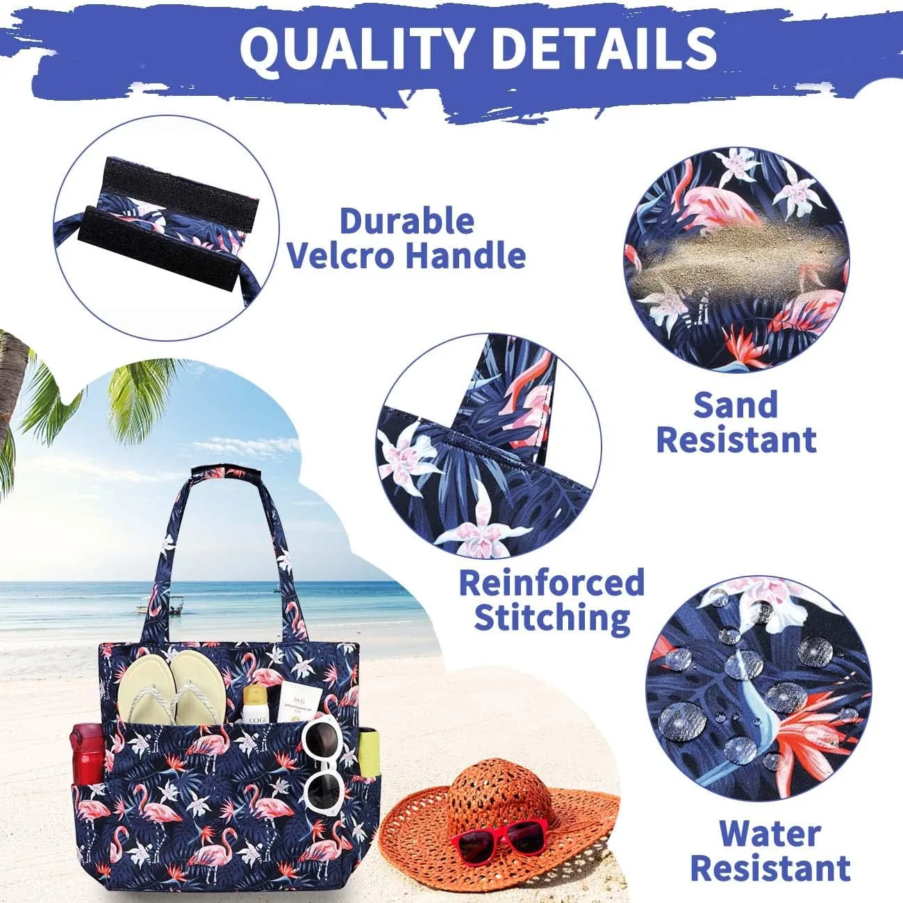Kasqo Beach Tote Bags for Women, Waterproof Sandproof Large Pool Bag Stylish Zipper Beach Tote for Gym Travel Shopping School