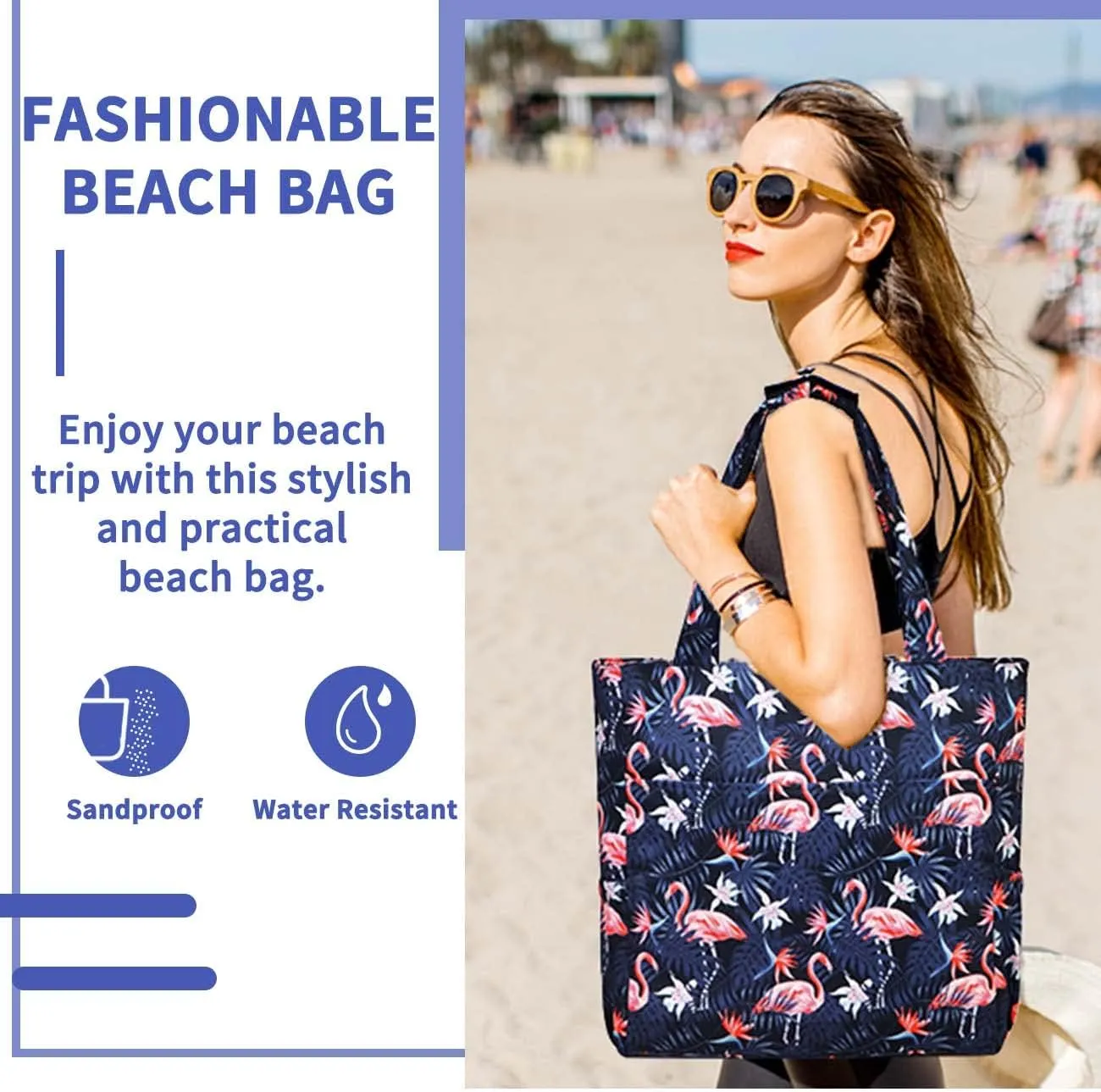 Kasqo Beach Tote Bags for Women, Waterproof Sandproof Large Pool Bag Stylish Zipper Beach Tote for Gym Travel Shopping School