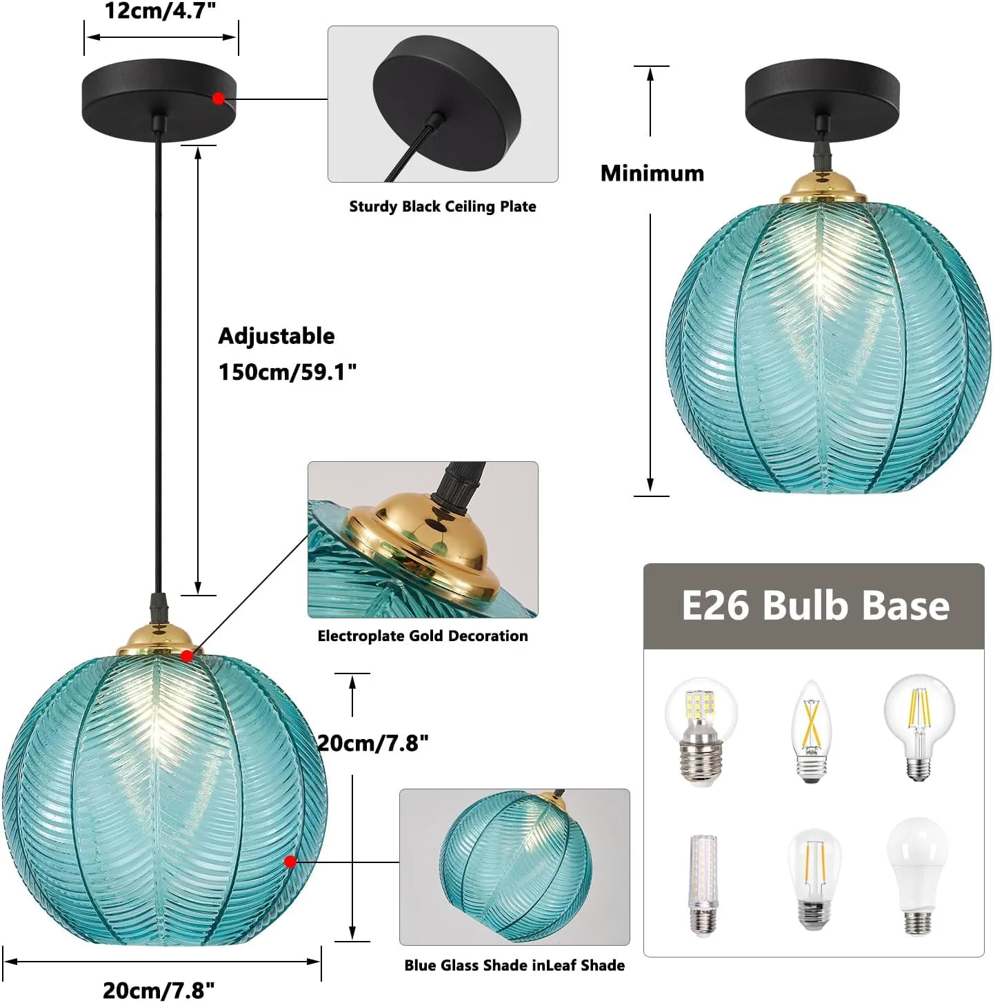 KCO Lighting Mid Century Modern Blue Glass Pendant Light Large Globe Kitchen Island Dining Pendant Lights Black Round Ceiling Hanging Lighting Fixture Adjustable Cord Farmhouse Foyer Chandelier
