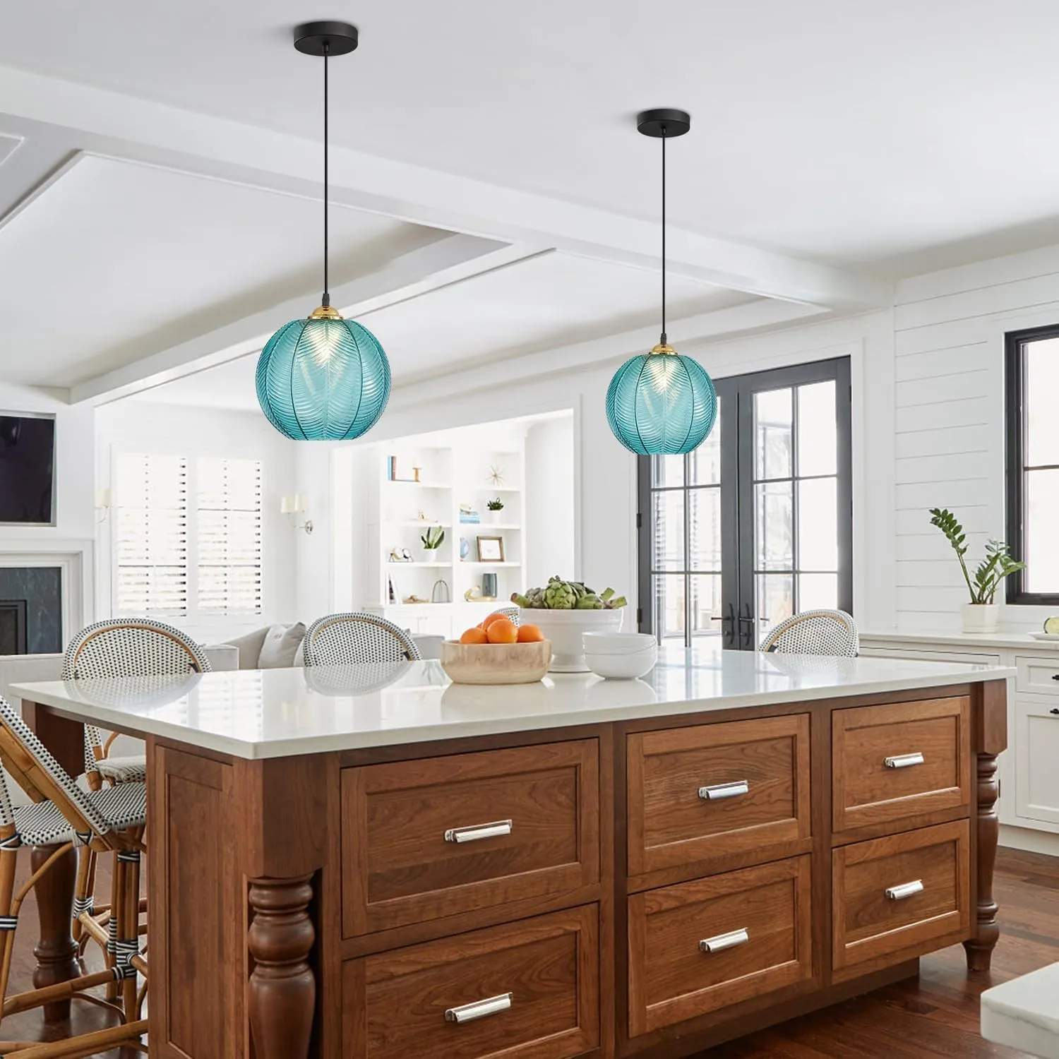 KCO Lighting Mid Century Modern Blue Glass Pendant Light Large Globe Kitchen Island Dining Pendant Lights Black Round Ceiling Hanging Lighting Fixture Adjustable Cord Farmhouse Foyer Chandelier