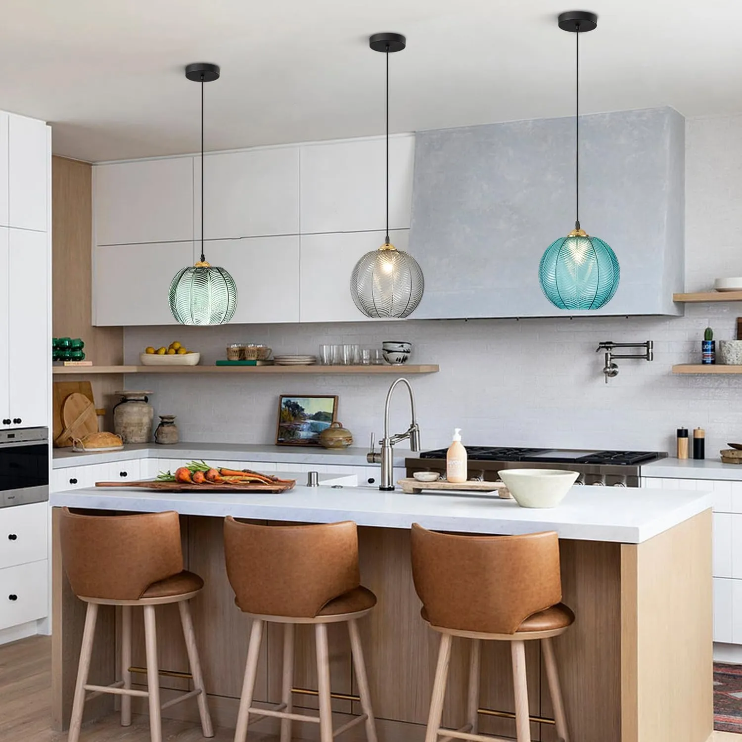 KCO Lighting Mid Century Modern Blue Glass Pendant Light Large Globe Kitchen Island Dining Pendant Lights Black Round Ceiling Hanging Lighting Fixture Adjustable Cord Farmhouse Foyer Chandelier