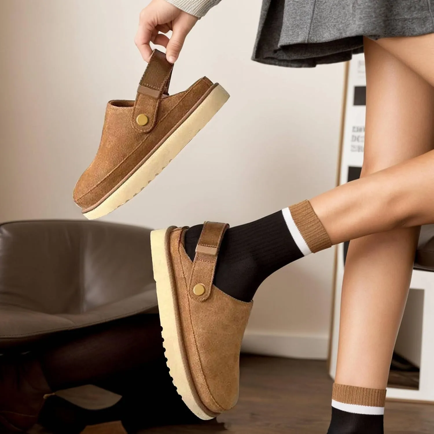 Kids Clogs for Girls & Boys - Suede Platform Clogs with Adjustable Strap & Easy Slip On/Off - Beige - Big Kid Size