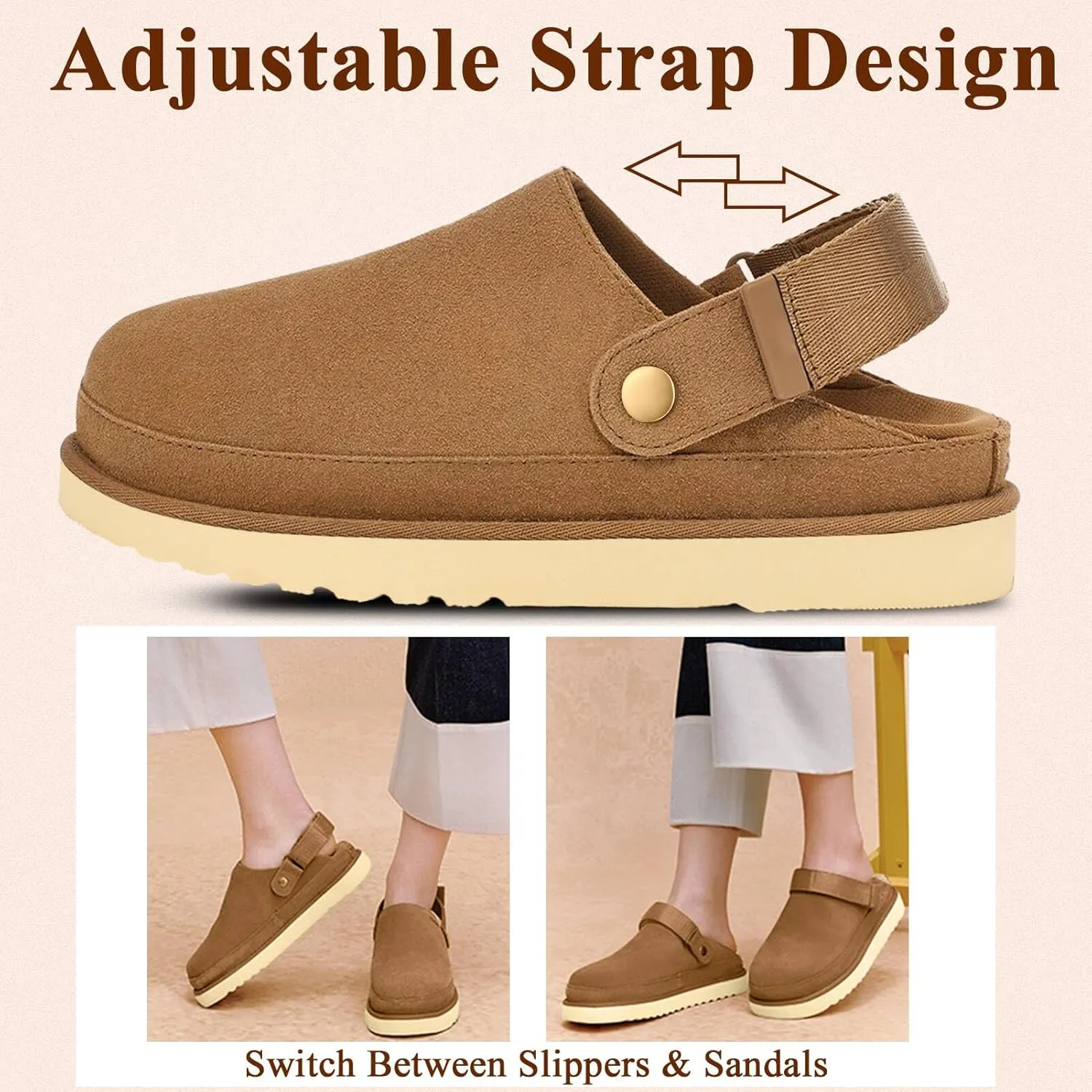 Kids Clogs for Girls & Boys - Suede Platform Clogs with Adjustable Strap & Easy Slip On/Off - Beige - Big Kid Size