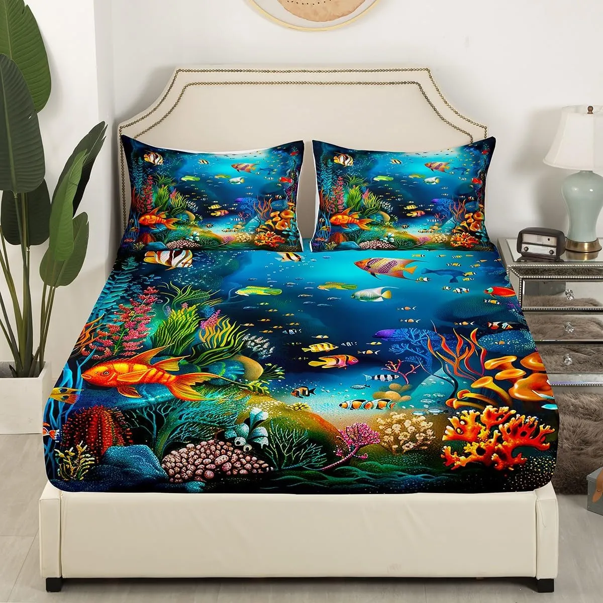 Kids Sheet Set Twin Cartoon Ocean Fish Bed Sheets Ocean Marine Theme Bedding Set for Boys Girls Soft and Cozy Sea Underwater World Sheets Set with Sealife Deep Pocket Fitted Sheet,Vibrant