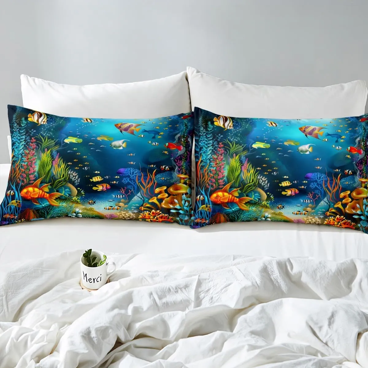 Kids Sheet Set Twin Cartoon Ocean Fish Bed Sheets Ocean Marine Theme Bedding Set for Boys Girls Soft and Cozy Sea Underwater World Sheets Set with Sealife Deep Pocket Fitted Sheet,Vibrant