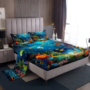 Kids Sheet Set Twin Cartoon Ocean Fish Bed Sheets Ocean Marine Theme Bedding Set for Boys Girls Soft and Cozy Sea Underwater World Sheets Set with Sealife Deep Pocket Fitted Sheet,Vibrant