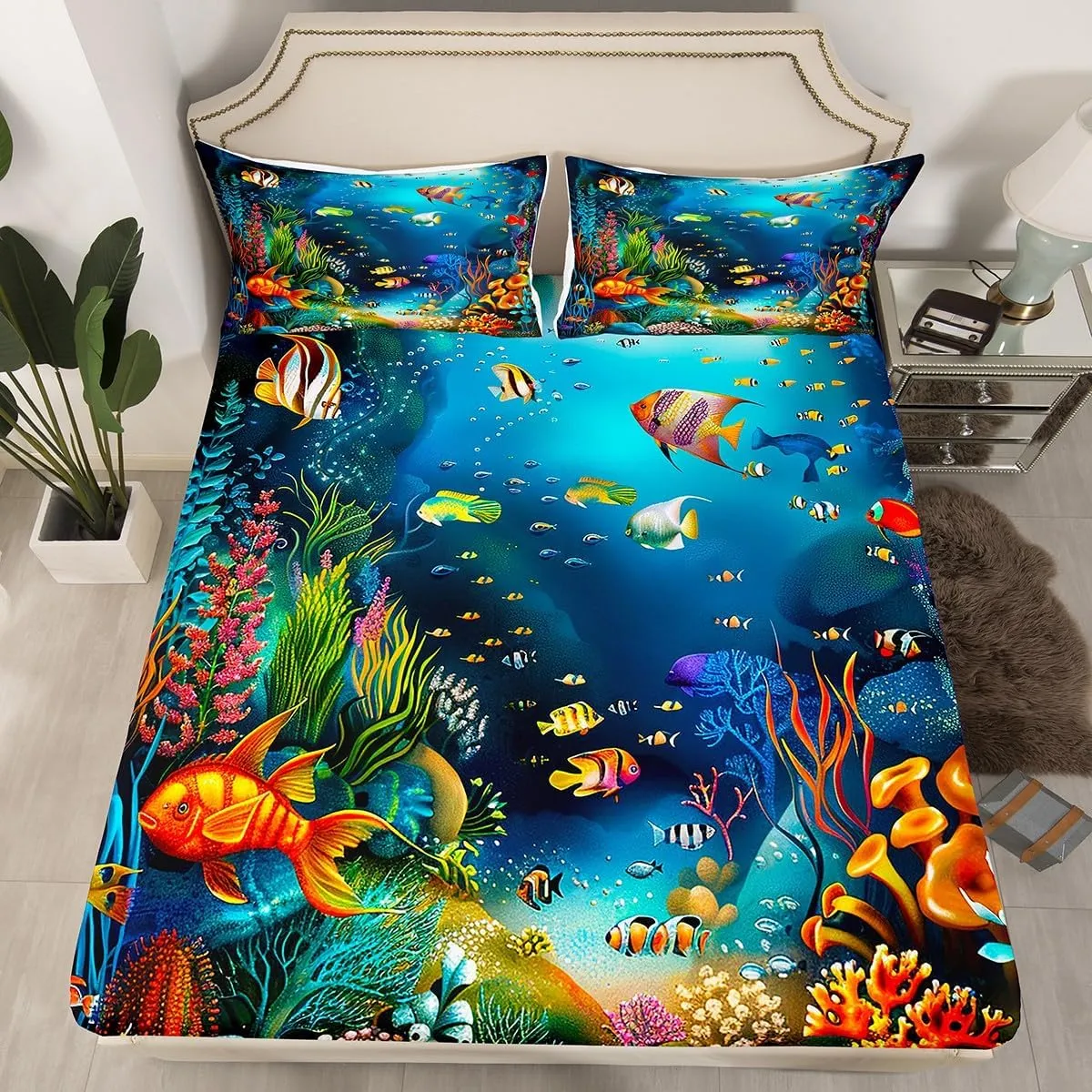 Kids Sheet Set Twin Cartoon Ocean Fish Bed Sheets Ocean Marine Theme Bedding Set for Boys Girls Soft and Cozy Sea Underwater World Sheets Set with Sealife Deep Pocket Fitted Sheet,Vibrant