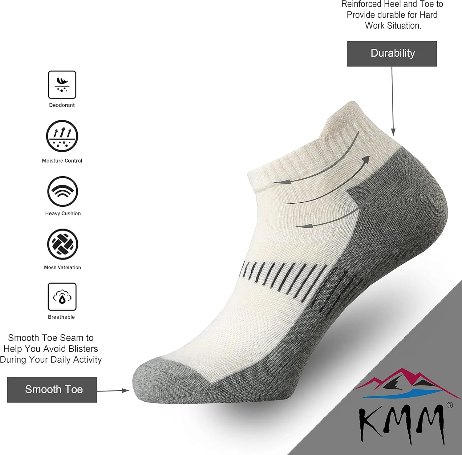 KMM Men's Merino Wool No Show Ankle Socks with Cushion Low Tab Summer for Outdoor Hiking Golf Loafer Sneaker Trail Running