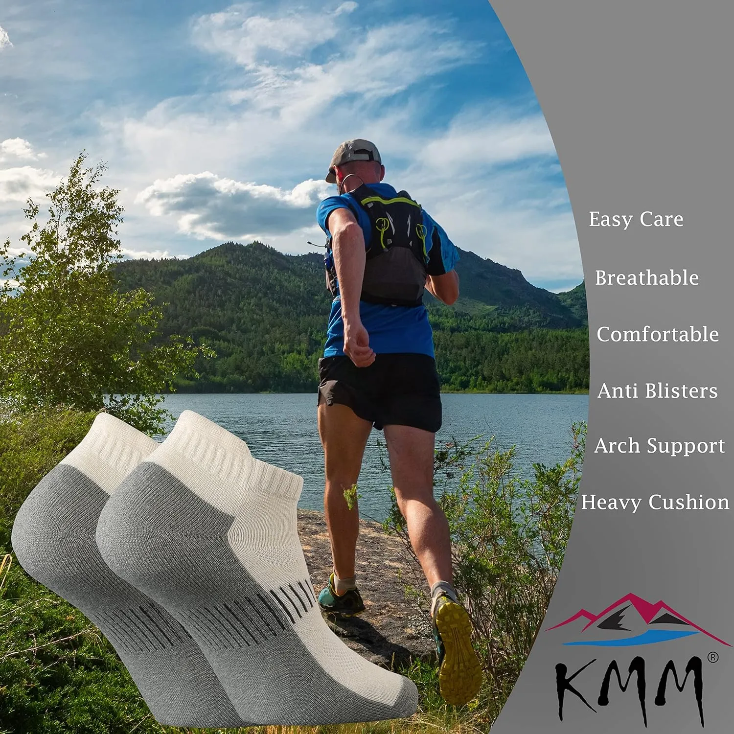 KMM Men's Merino Wool No Show Ankle Socks with Cushion Low Tab Summer for Outdoor Hiking Golf Loafer Sneaker Trail Running