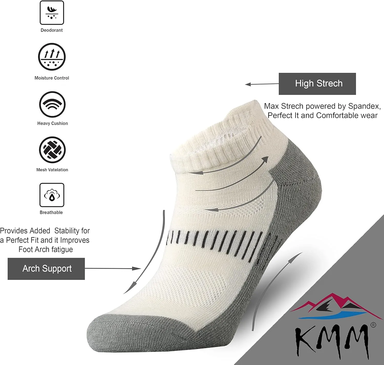KMM Men's Merino Wool No Show Ankle Socks with Cushion Low Tab Summer for Outdoor Hiking Golf Loafer Sneaker Trail Running