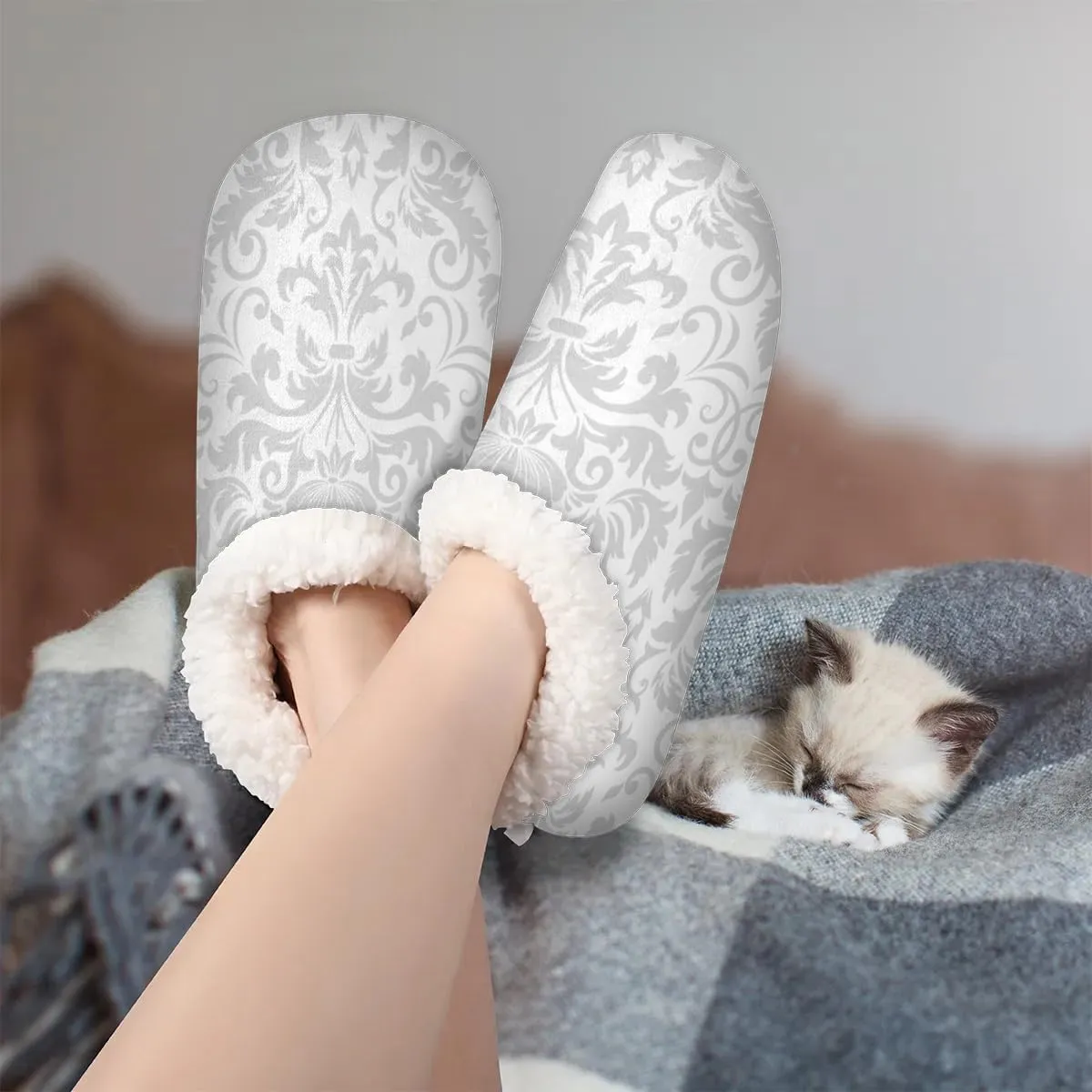 KOBLEN Luxury Damask Element Slippers for Women House Shoes with Fleece Lining Wide Comfy Full Slippers Lightweight Cozy Loafer with Rubber Sole Unisex Slippers Adults for Indoor Outdoor