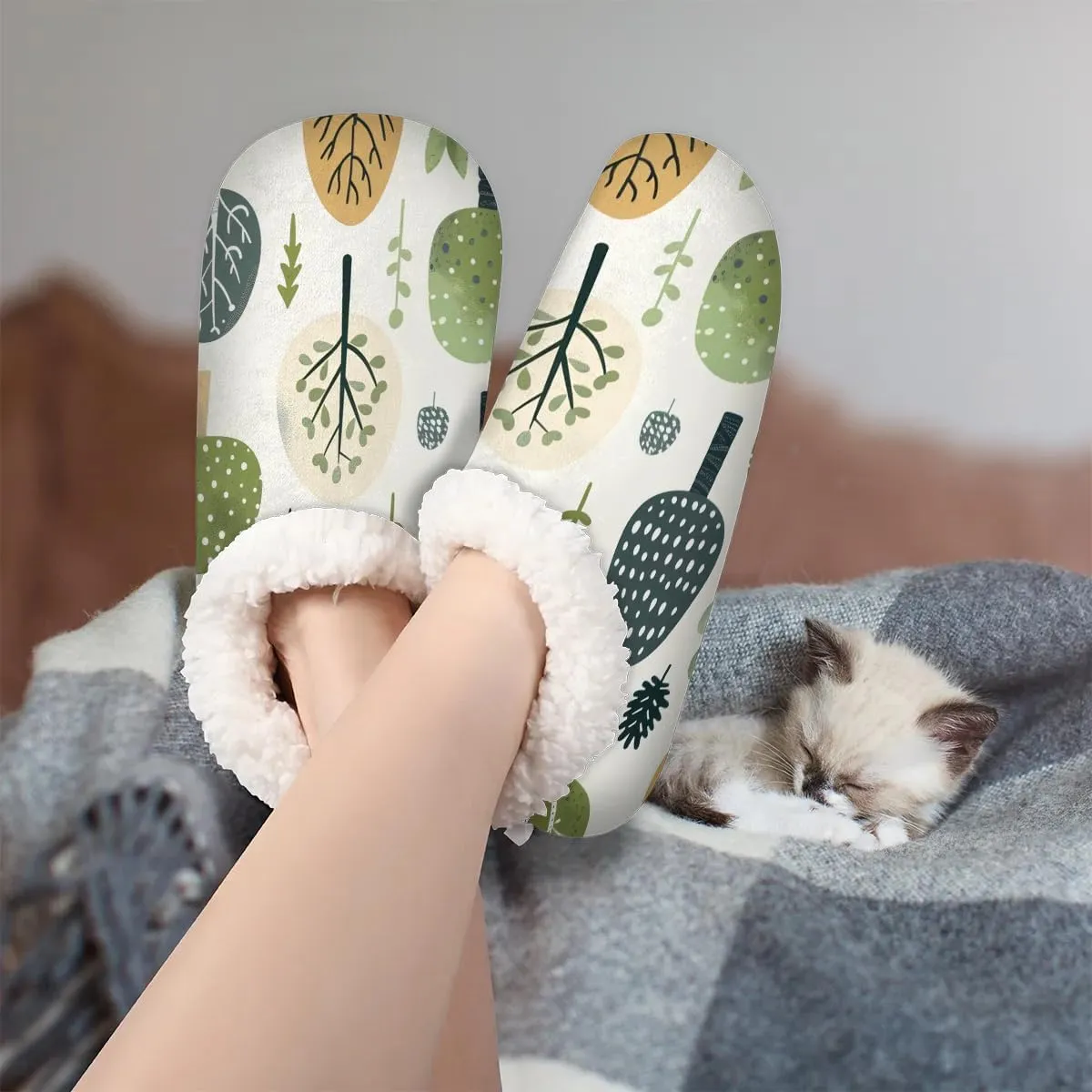 KOBLEN Trees Plant Slippers for Women House Shoes with Fleece Lining Wide Comfy Full Slippers Lightweight Cozy Loafer with Rubber Sole Unisex Slippers Adults for Indoor Outdoor