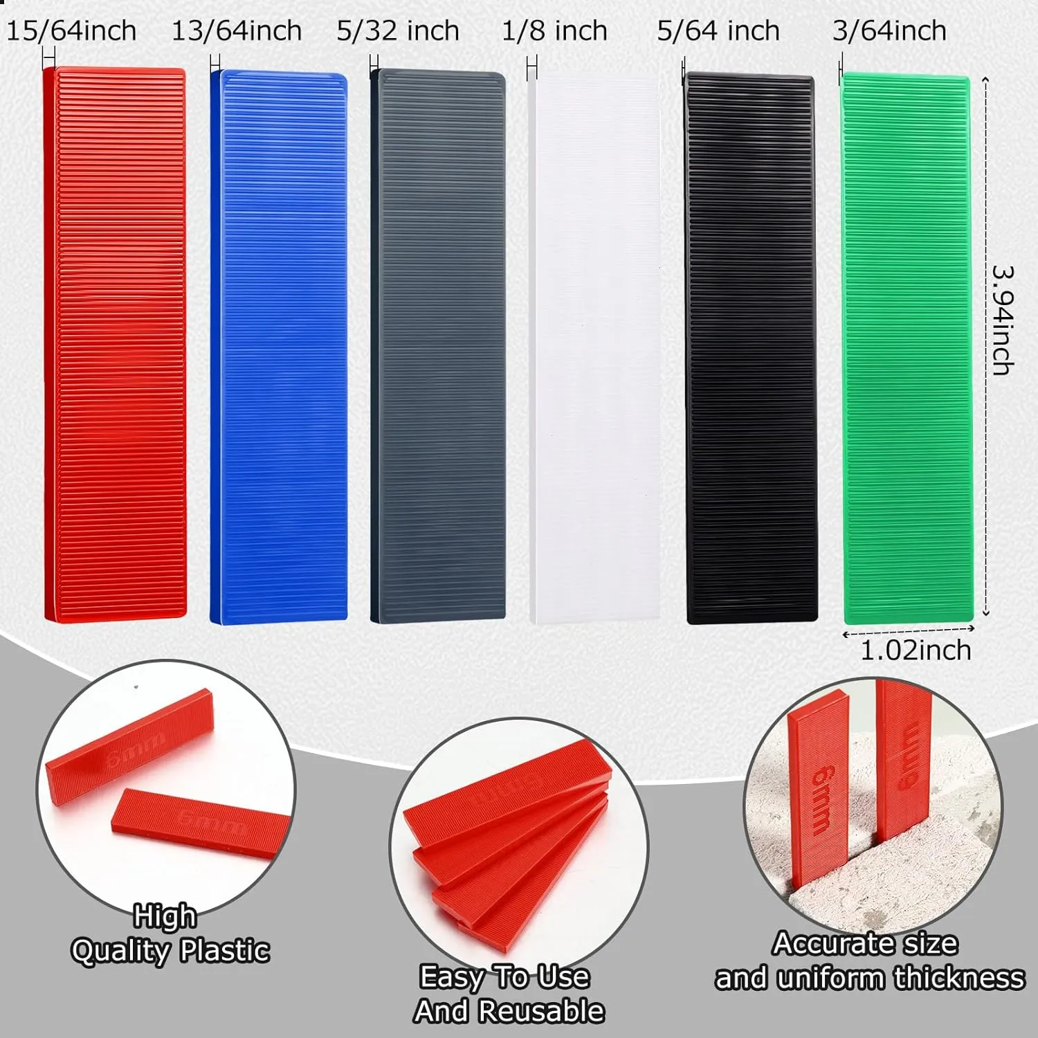 Konohan 300 Pcs Plastic Flat Shims Structural Tile Plastic Shims for Leveling, 3/64, 5/64, 1/8, 5/32, 3/16, 1/4, Green, Black, White, Grey, Blue, Red