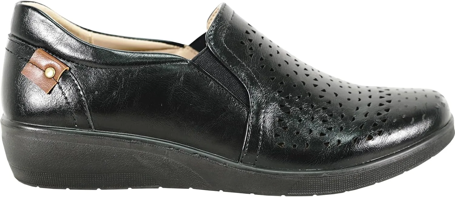 KOZI Women Comfort Casual Wedge Shoe Slip-On Loafer OY Collection Round Toe Gore Removable Insole Black Brown Red White