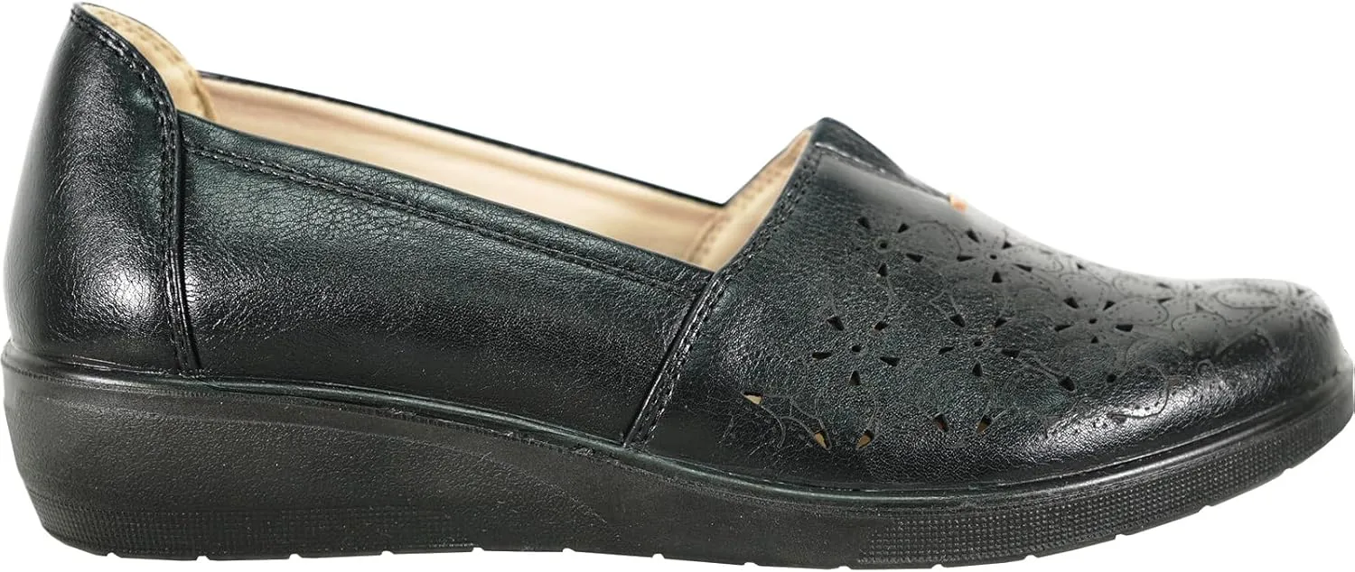 KOZI Women Comfort Casual Wedge Shoe Slip-On Loafer OY Collection Round Toe Gore Removable Insole Black Brown Red White