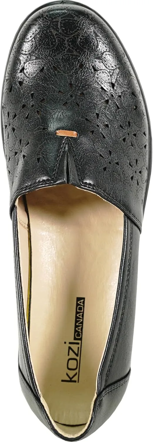 KOZI Women Comfort Casual Wedge Shoe Slip-On Loafer OY Collection Round Toe Gore Removable Insole Black Brown Red White