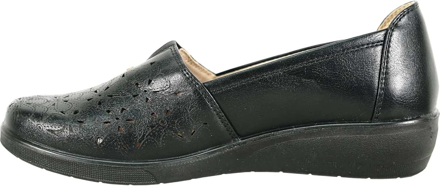 KOZI Women Comfort Casual Wedge Shoe Slip-On Loafer OY Collection Round Toe Gore Removable Insole Black Brown Red White