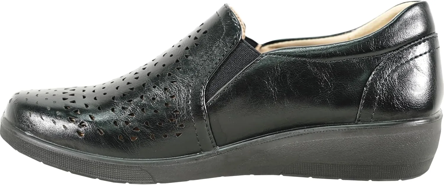 KOZI Women Comfort Casual Wedge Shoe Slip-On Loafer OY Collection Round Toe Gore Removable Insole Black Brown Red White