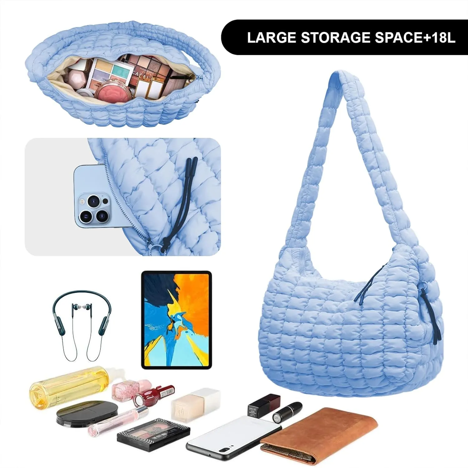 Large Puffer Tote Bag for Women Quilted Crossbody Bag, Hobo Quilted Tote Bag Crossbody Shoulder Handbags Puff Purse