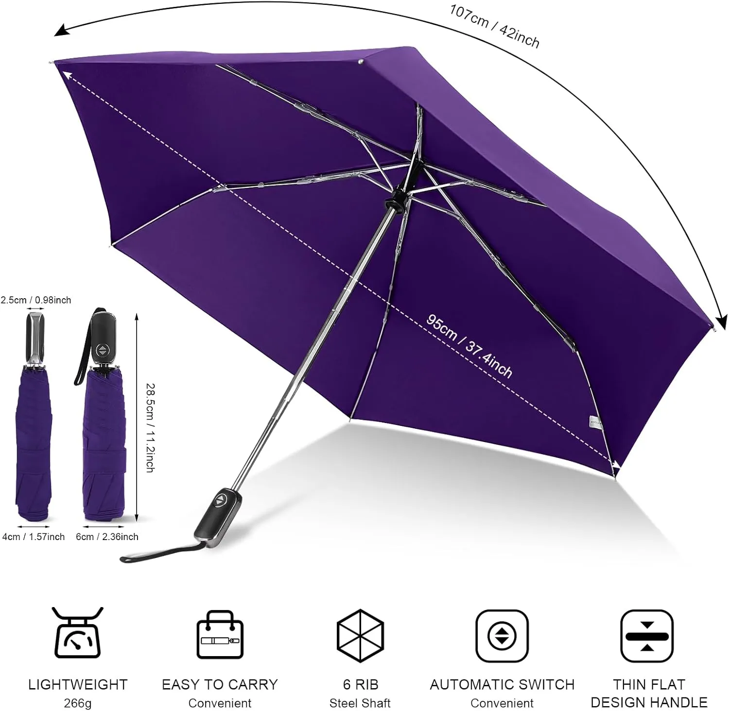 LEAGERA Compact Travel Umbrella for Purse - Flat Handle, Waterproof for Light Rain