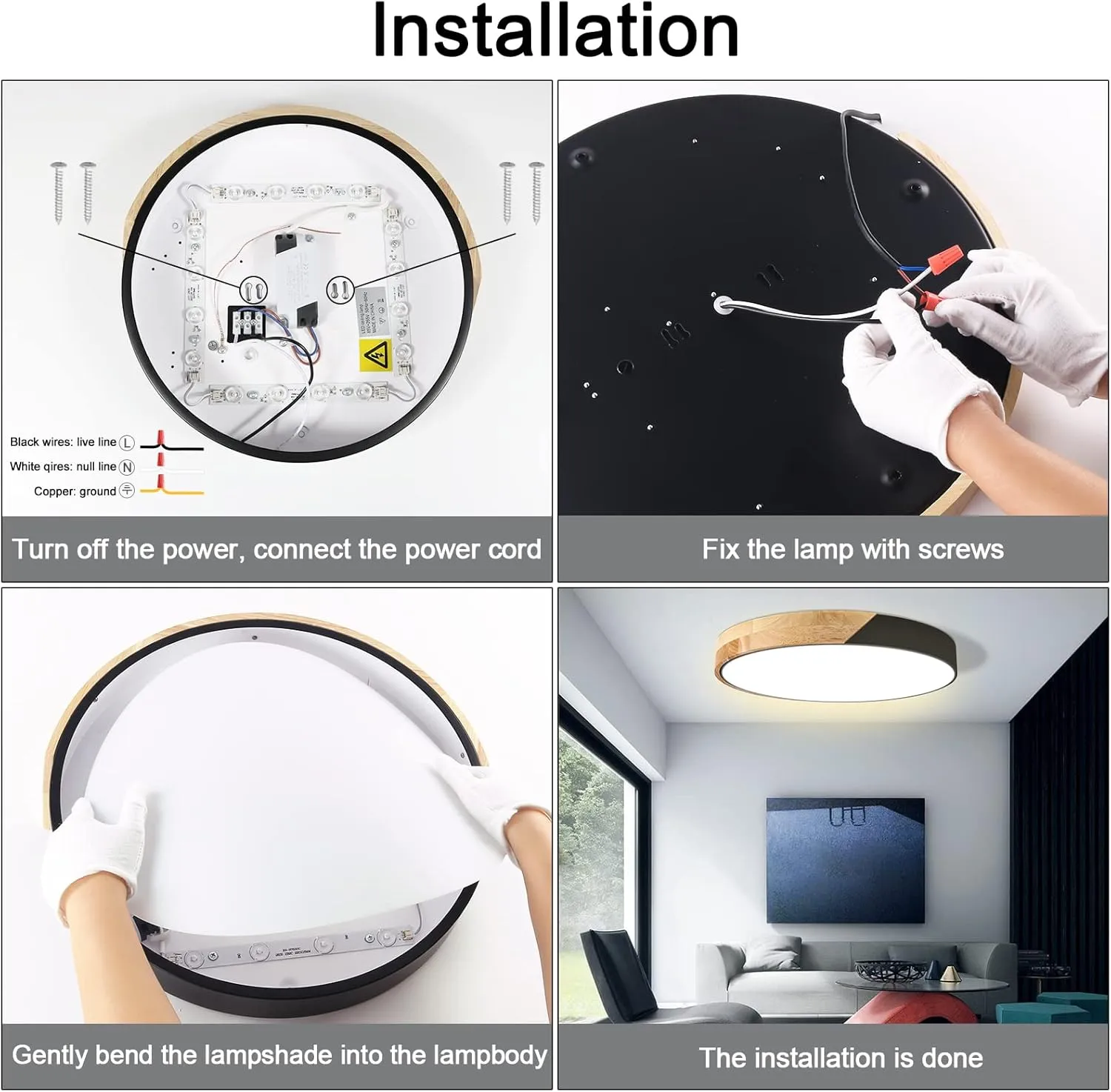 Led Ceiling Light Flush Mount: 15.8 Inch 30W Bedroom Light Fixture with Round Wood Modern Black Flat Overhead Minimalist Ceiling Lamps for Kitchen Hallway Laundry Warm White 3000K, Not Dimmable