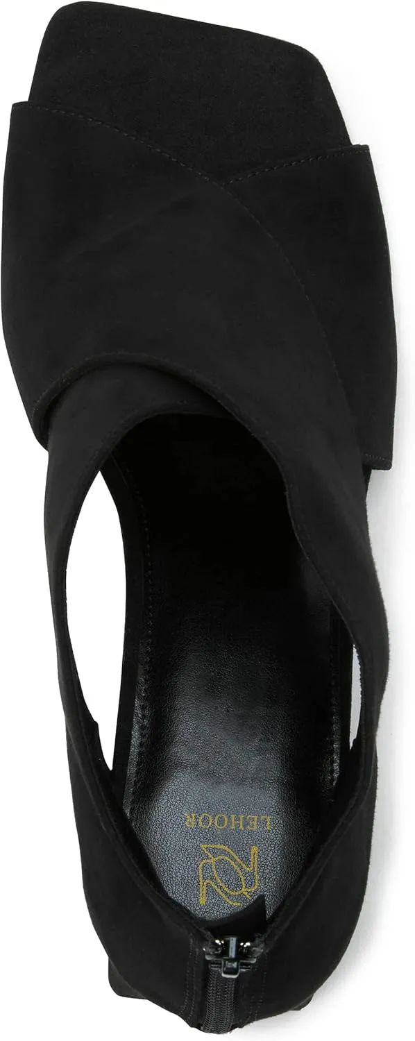 LEHOOR Women Chunky Heel Open Toe Booties Suede Side Cut-Out Ankle Boots Square Peep Toe 2 Inch Block Mid Heels Dress Heeled Sandal Booties Back Zipper Summer Casual Size 4-11 M US