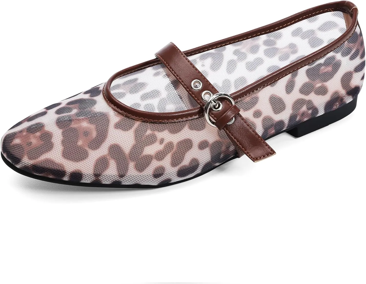 Leopard Flats for Women Mesh Ballet Flats Mary Jane Animal Print Shoes Slip On Casual Breathable Ballerina Flats