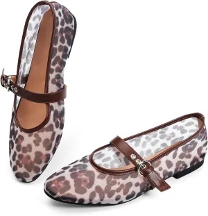 Leopard Flats for Women Mesh Ballet Flats Mary Jane Animal Print Shoes Slip On Casual Breathable Ballerina Flats