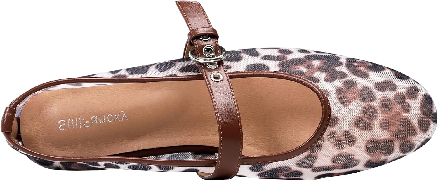 Leopard Flats for Women Mesh Ballet Flats Mary Jane Animal Print Shoes Slip On Casual Breathable Ballerina Flats