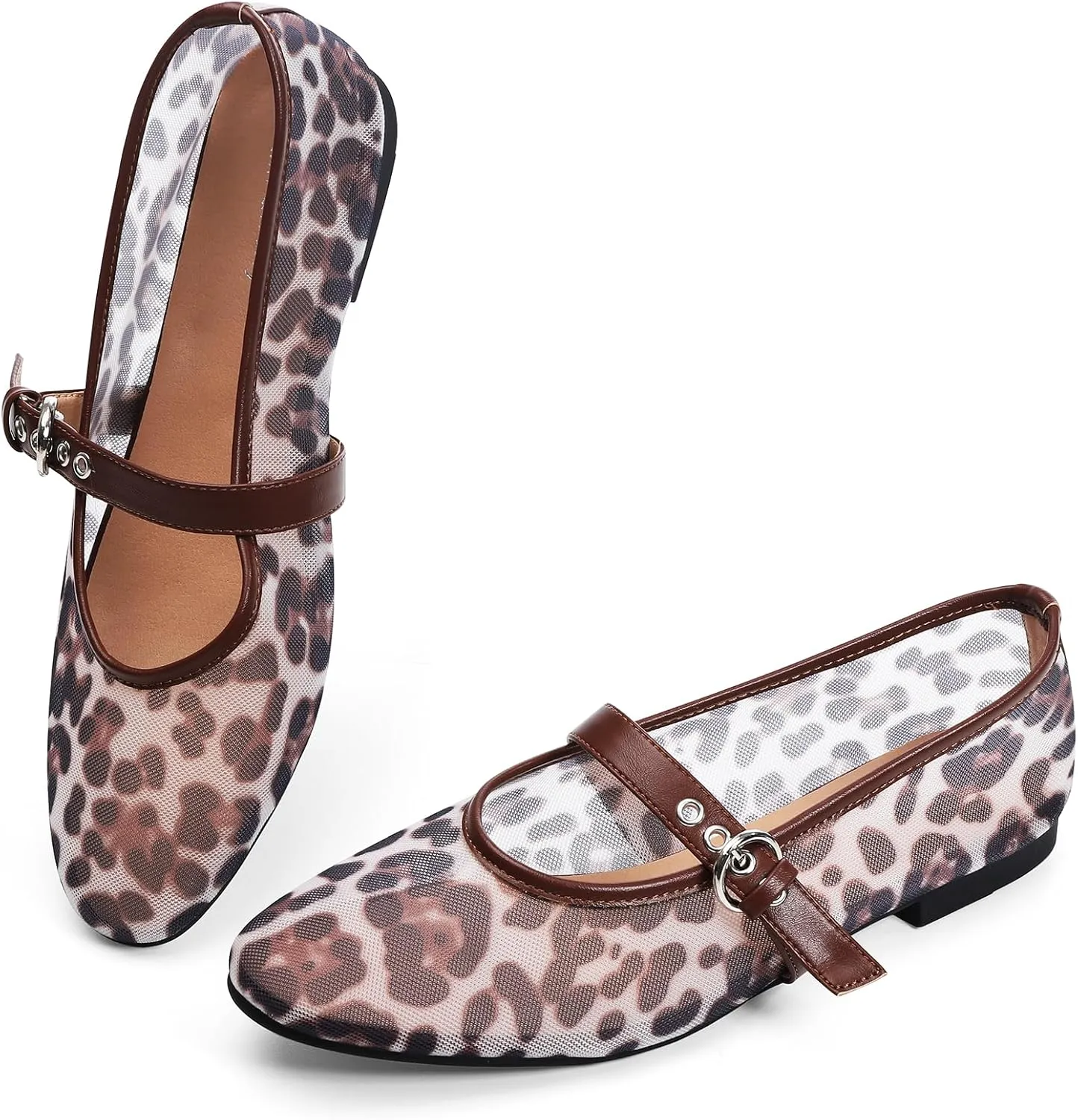 Leopard Flats for Women Mesh Ballet Flats Mary Jane Animal Print Shoes Slip On Casual Breathable Ballerina Flats