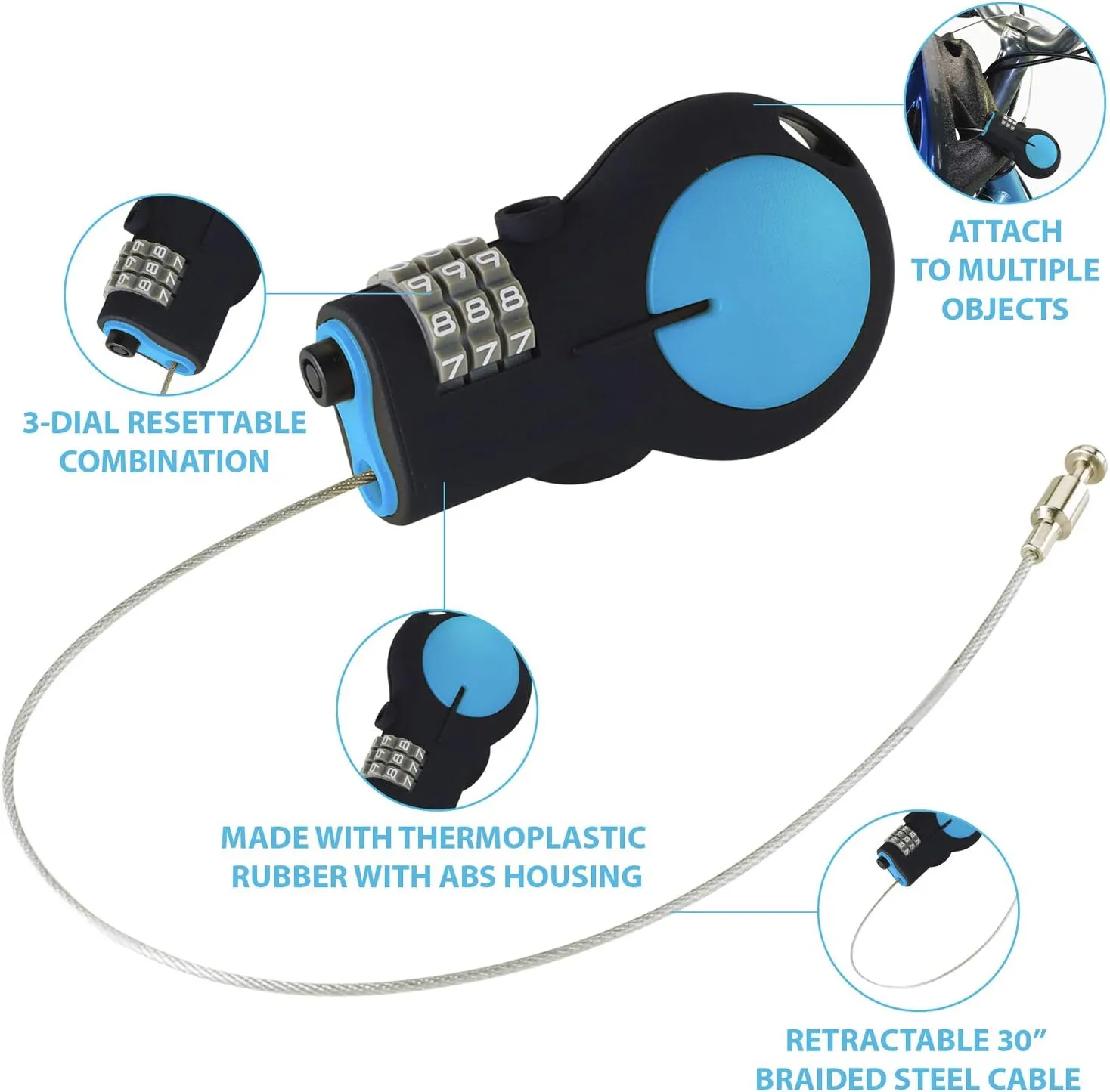 Lewis N. Clark TSA Approved Padlock & Bike Lock for Luggage   Travel, Set Your Combo w/30in Retractable Steel Cable, Blue, One Size