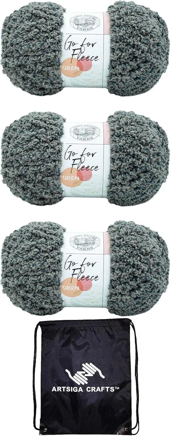 Lion Brand Go for Fleece Sherpa Stone 937-149 (3-Skeins - Same Dye Lot) Jumbo #7 Polyester Yarn for Crocheting and Knitting with Project Bag
