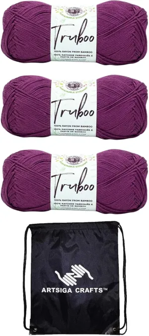 Lion Brand Truboo Mulberry 837-142 (3-Skeins - Same Dye Lot) DK Light Worsted #3 Rayon Yarn for Crocheting and Knitting with Project Bag