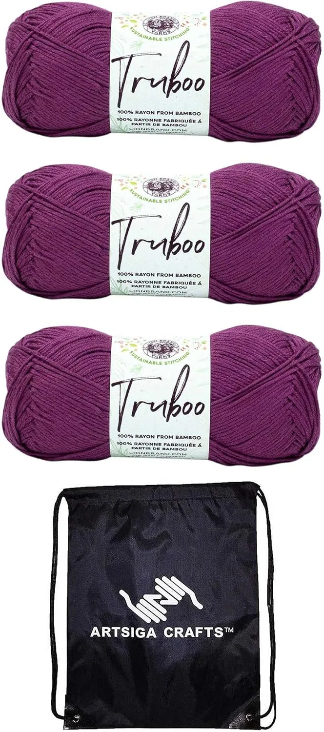 Lion Brand Truboo Mulberry 837-142 (3-Skeins - Same Dye Lot) DK Light Worsted #3 Rayon Yarn for Crocheting and Knitting with Project Bag