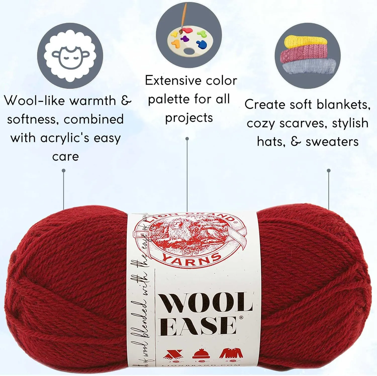 Lion Brand Wool Ease Cranberry 620-138 (10-Skeins - Same Dye Lot) Worsted Medium #4 Acrylic, Wool Yarn for Crocheting and Knitting with Project Bag