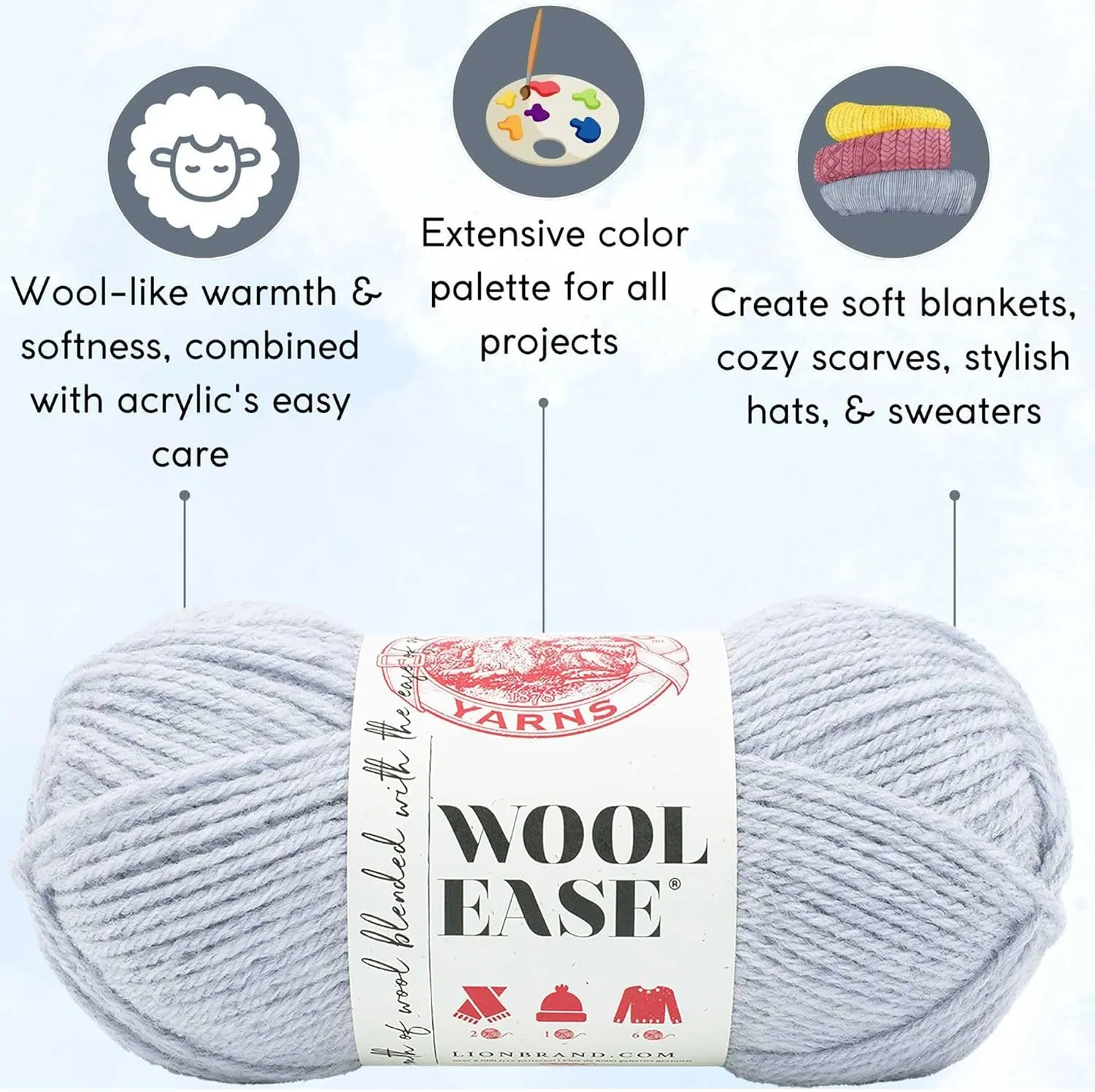 Lion Brand Wool Ease Icicle 620-006 (3-Skeins - Same Dye Lot) Worsted Medium #4 Acrylic, Wool Yarn for Crocheting and Knitting with Project Bag