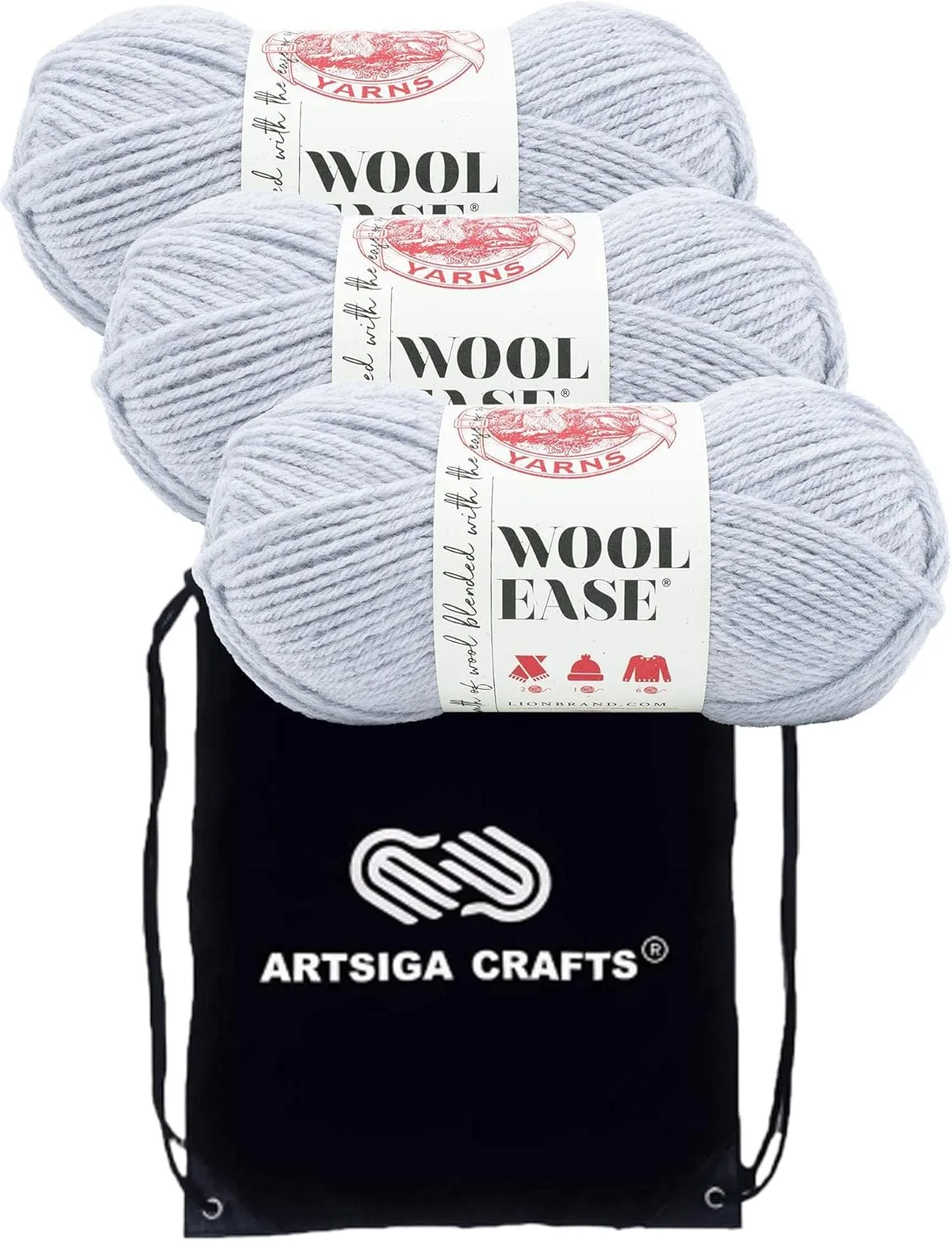 Lion Brand Wool Ease Icicle 620-006 (3-Skeins - Same Dye Lot) Worsted Medium #4 Acrylic, Wool Yarn for Crocheting and Knitting with Project Bag