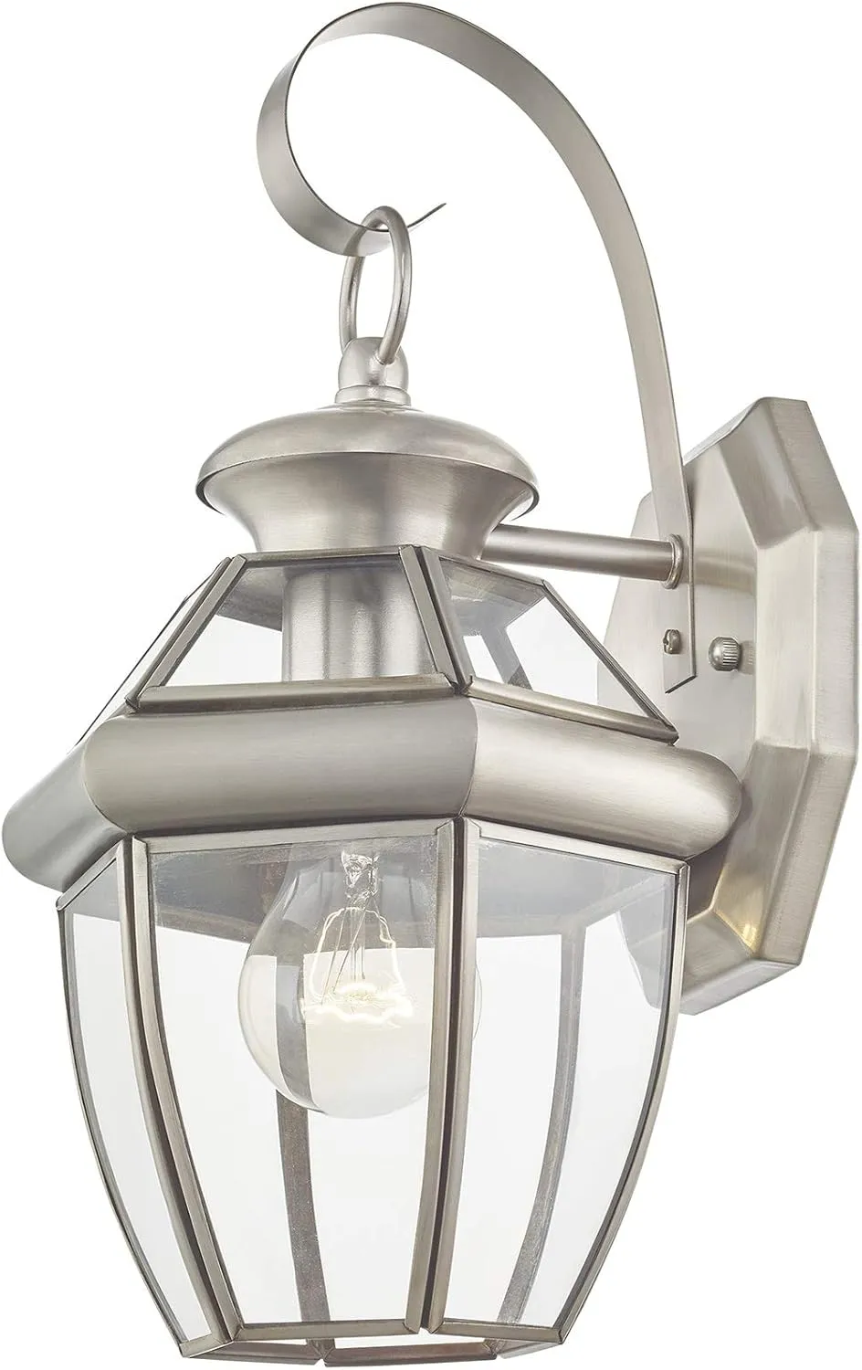 Livex Lighting 2051-91 Monterey 1 Light Outdoor Brushed Nickel Finish Solid Brass Wall Lantern with Clear Beveled Glass