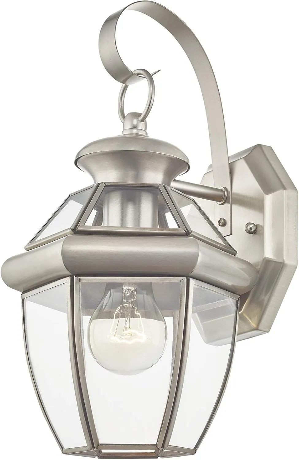 Livex Lighting 2051-91 Monterey 1 Light Outdoor Brushed Nickel Finish Solid Brass Wall Lantern with Clear Beveled Glass