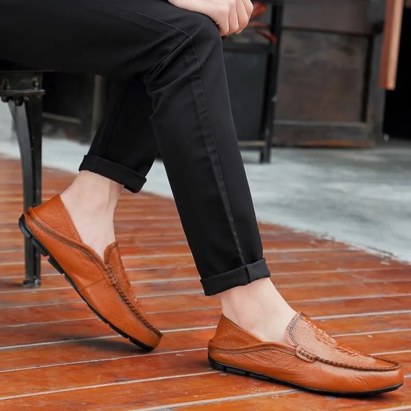 Loafers for Men Round Toe Solid Color Crocodile Print Leather Loafer Shoes Anti-Slip Flexible Lightweight Walking Outdoor Slip On