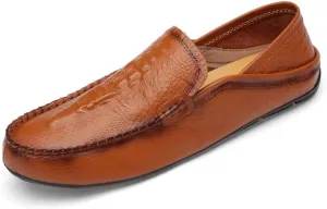 Loafers for Men Round Toe Solid Color Crocodile Print Leather Loafer Shoes Anti-Slip Flexible Lightweight Walking Outdoor Slip On