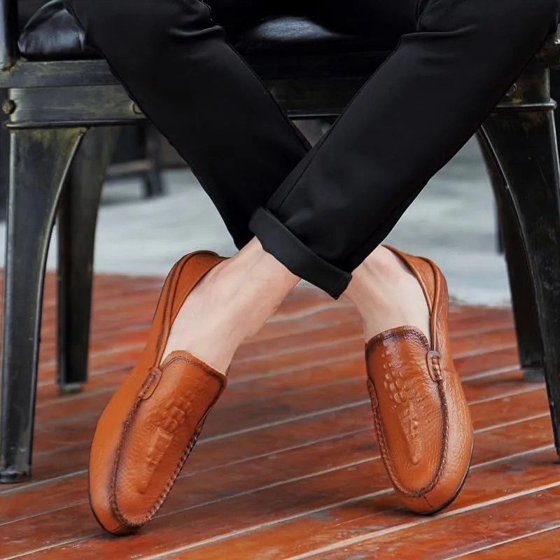 Loafers for Men Round Toe Solid Color Crocodile Print Leather Loafer Shoes Anti-Slip Flexible Lightweight Walking Outdoor Slip On