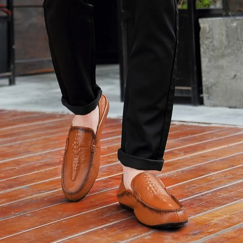 Loafers for Men Round Toe Solid Color Crocodile Print Leather Loafer Shoes Anti-Slip Flexible Lightweight Walking Outdoor Slip On